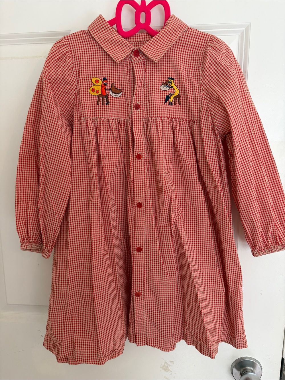Girls Red Gingham Button-Front Dress with Playful Animal Appliqués